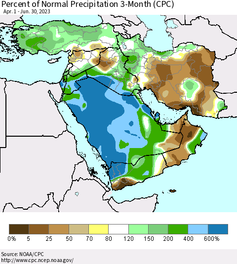 Middle East and Turkey Percent of Normal Precipitation 3-Month (CPC) Thematic Map For 4/1/2023 - 6/30/2023
