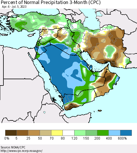 Middle East and Turkey Percent of Normal Precipitation 3-Month (CPC) Thematic Map For 4/6/2023 - 7/5/2023