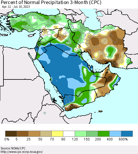 Middle East and Turkey Percent of Normal Precipitation 3-Month (CPC) Thematic Map For 4/11/2023 - 7/10/2023