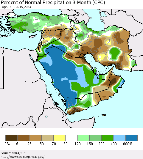 Middle East and Turkey Percent of Normal Precipitation 3-Month (CPC) Thematic Map For 4/16/2023 - 7/15/2023