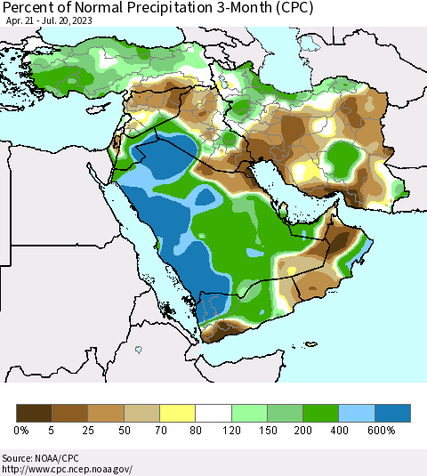 Middle East and Turkey Percent of Normal Precipitation 3-Month (CPC) Thematic Map For 4/21/2023 - 7/20/2023
