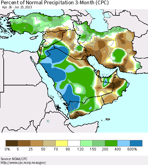 Middle East and Turkey Percent of Normal Precipitation 3-Month (CPC) Thematic Map For 4/26/2023 - 7/25/2023