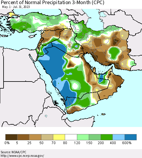 Middle East and Turkey Percent of Normal Precipitation 3-Month (CPC) Thematic Map For 5/1/2023 - 7/31/2023