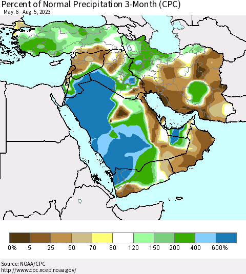 Middle East and Turkey Percent of Normal Precipitation 3-Month (CPC) Thematic Map For 5/6/2023 - 8/5/2023