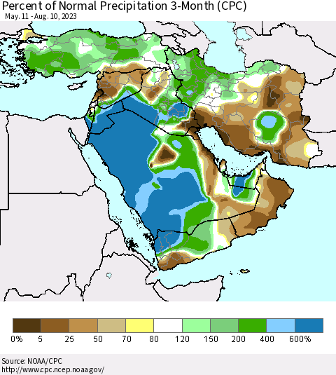 Middle East and Turkey Percent of Normal Precipitation 3-Month (CPC) Thematic Map For 5/11/2023 - 8/10/2023