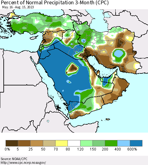 Middle East and Turkey Percent of Normal Precipitation 3-Month (CPC) Thematic Map For 5/16/2023 - 8/15/2023