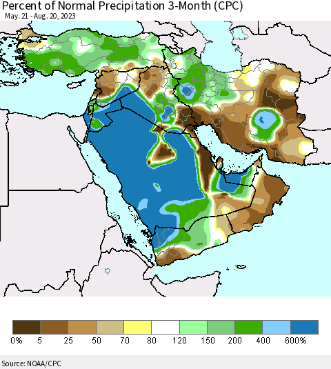 Middle East and Turkey Percent of Normal Precipitation 3-Month (CPC) Thematic Map For 5/21/2023 - 8/20/2023