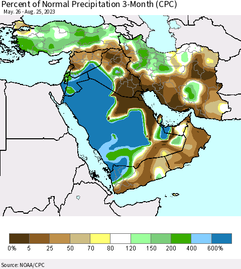 Middle East and Turkey Percent of Normal Precipitation 3-Month (CPC) Thematic Map For 5/26/2023 - 8/25/2023