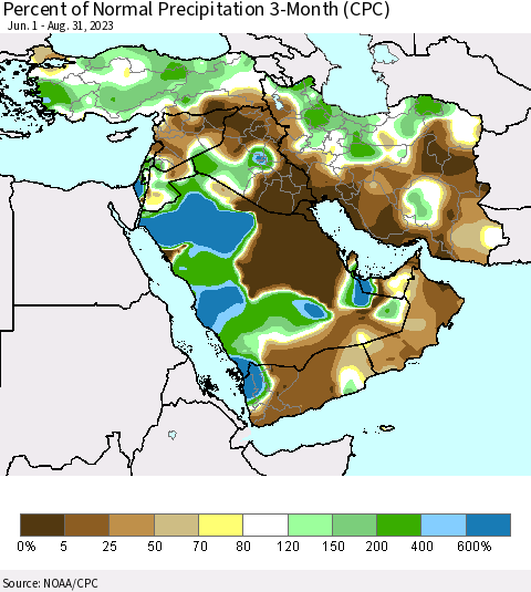Middle East and Turkey Percent of Normal Precipitation 3-Month (CPC) Thematic Map For 6/1/2023 - 8/31/2023