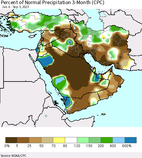 Middle East and Turkey Percent of Normal Precipitation 3-Month (CPC) Thematic Map For 6/6/2023 - 9/5/2023