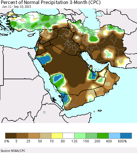 Middle East and Turkey Percent of Normal Precipitation 3-Month (CPC) Thematic Map For 6/11/2023 - 9/10/2023