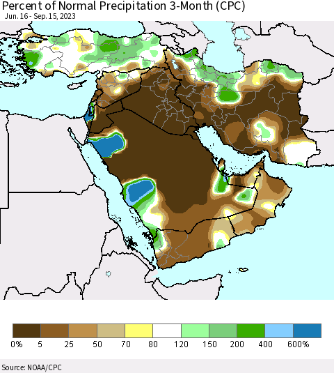Middle East and Turkey Percent of Normal Precipitation 3-Month (CPC) Thematic Map For 6/16/2023 - 9/15/2023