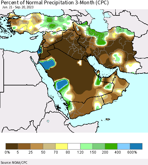 Middle East and Turkey Percent of Normal Precipitation 3-Month (CPC) Thematic Map For 6/21/2023 - 9/20/2023