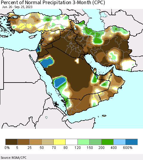 Middle East and Turkey Percent of Normal Precipitation 3-Month (CPC) Thematic Map For 6/26/2023 - 9/25/2023