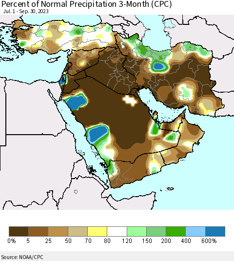 Middle East and Turkey Percent of Normal Precipitation 3-Month (CPC) Thematic Map For 7/1/2023 - 9/30/2023