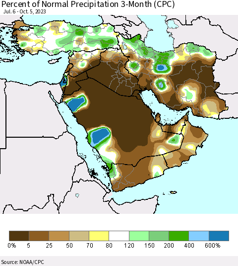 Middle East and Turkey Percent of Normal Precipitation 3-Month (CPC) Thematic Map For 7/6/2023 - 10/5/2023