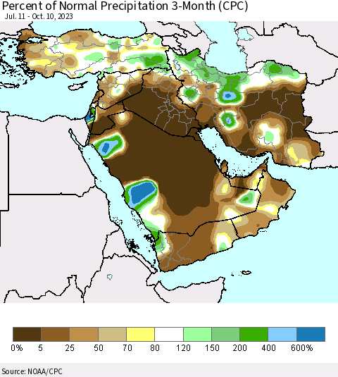 Middle East and Turkey Percent of Normal Precipitation 3-Month (CPC) Thematic Map For 7/11/2023 - 10/10/2023