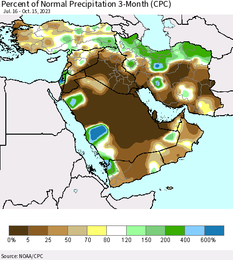 Middle East and Turkey Percent of Normal Precipitation 3-Month (CPC) Thematic Map For 7/16/2023 - 10/15/2023