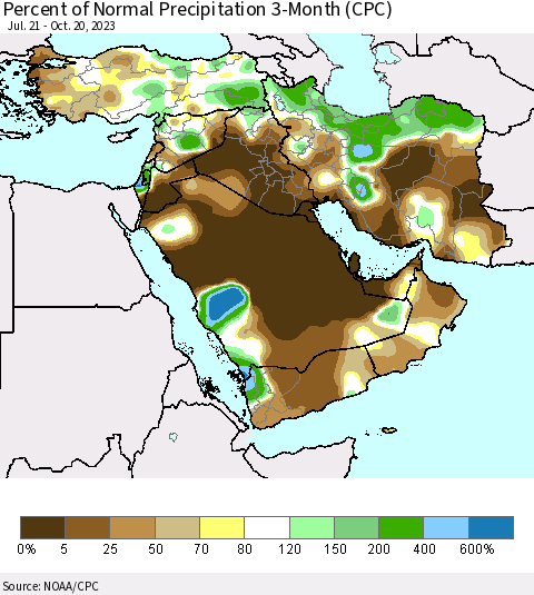 Middle East and Turkey Percent of Normal Precipitation 3-Month (CPC) Thematic Map For 7/21/2023 - 10/20/2023