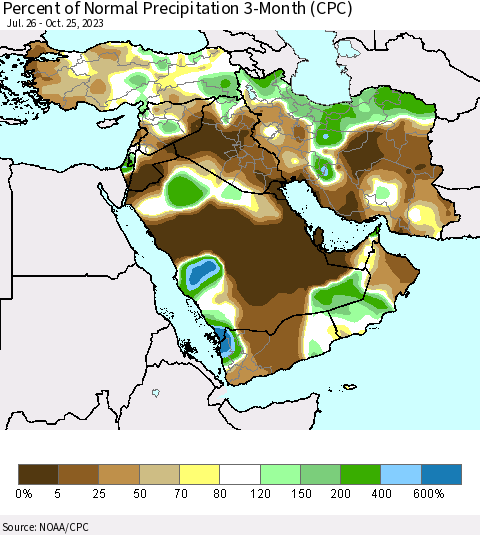 Middle East and Turkey Percent of Normal Precipitation 3-Month (CPC) Thematic Map For 7/26/2023 - 10/25/2023