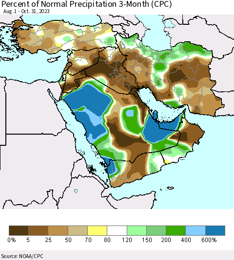 Middle East and Turkey Percent of Normal Precipitation 3-Month (CPC) Thematic Map For 8/1/2023 - 10/31/2023