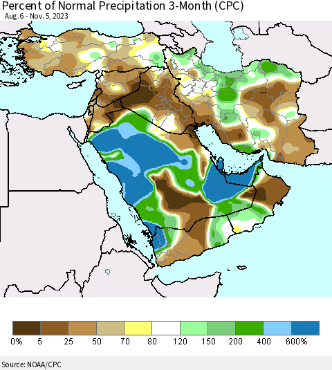Middle East and Turkey Percent of Normal Precipitation 3-Month (CPC) Thematic Map For 8/6/2023 - 11/5/2023