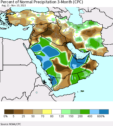 Middle East and Turkey Percent of Normal Precipitation 3-Month (CPC) Thematic Map For 8/11/2023 - 11/10/2023