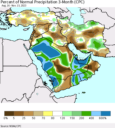 Middle East and Turkey Percent of Normal Precipitation 3-Month (CPC) Thematic Map For 8/16/2023 - 11/15/2023