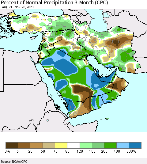 Middle East and Turkey Percent of Normal Precipitation 3-Month (CPC) Thematic Map For 8/21/2023 - 11/20/2023