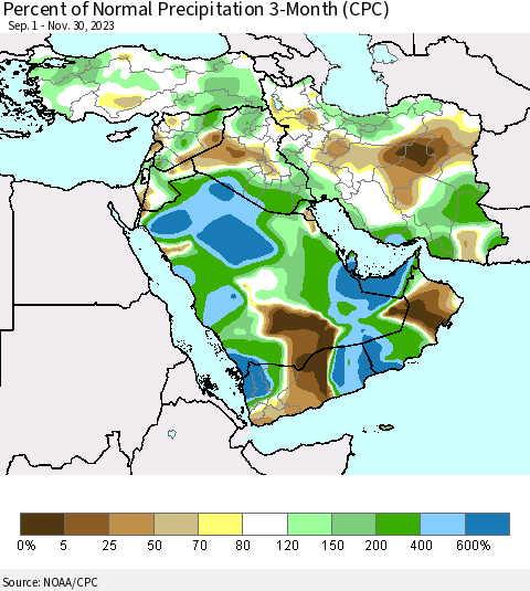 Middle East and Turkey Percent of Normal Precipitation 3-Month (CPC) Thematic Map For 9/1/2023 - 11/30/2023