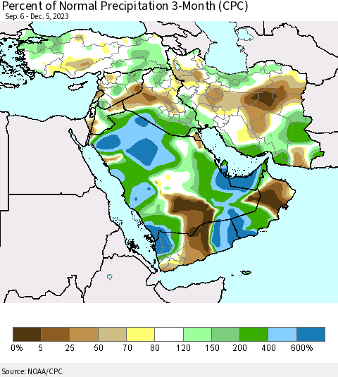 Middle East and Turkey Percent of Normal Precipitation 3-Month (CPC) Thematic Map For 9/6/2023 - 12/5/2023