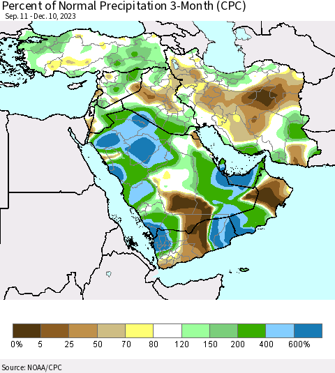 Middle East and Turkey Percent of Normal Precipitation 3-Month (CPC) Thematic Map For 9/11/2023 - 12/10/2023