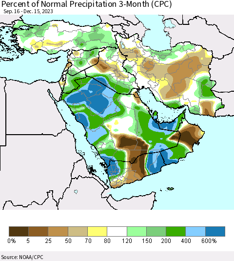 Middle East and Turkey Percent of Normal Precipitation 3-Month (CPC) Thematic Map For 9/16/2023 - 12/15/2023