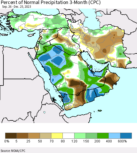 Middle East and Turkey Percent of Normal Precipitation 3-Month (CPC) Thematic Map For 9/26/2023 - 12/25/2023