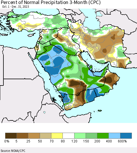 Middle East and Turkey Percent of Normal Precipitation 3-Month (CPC) Thematic Map For 10/1/2023 - 12/31/2023