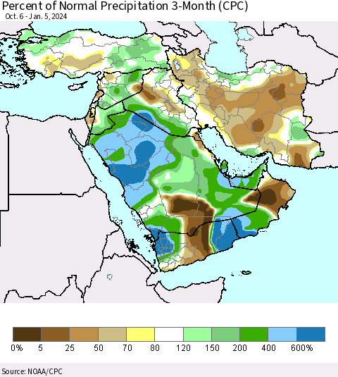 Middle East and Turkey Percent of Normal Precipitation 3-Month (CPC) Thematic Map For 10/6/2023 - 1/5/2024