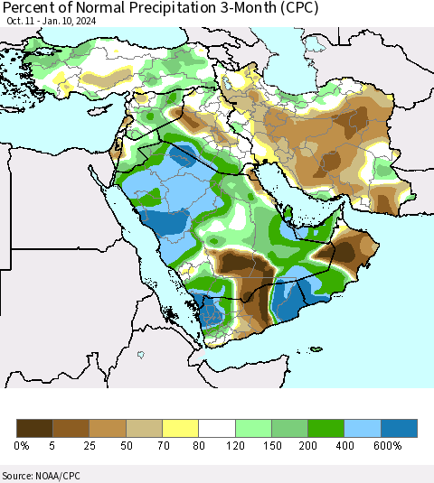 Middle East and Turkey Percent of Normal Precipitation 3-Month (CPC) Thematic Map For 10/11/2023 - 1/10/2024