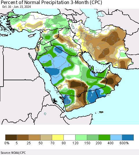 Middle East and Turkey Percent of Normal Precipitation 3-Month (CPC) Thematic Map For 10/16/2023 - 1/15/2024