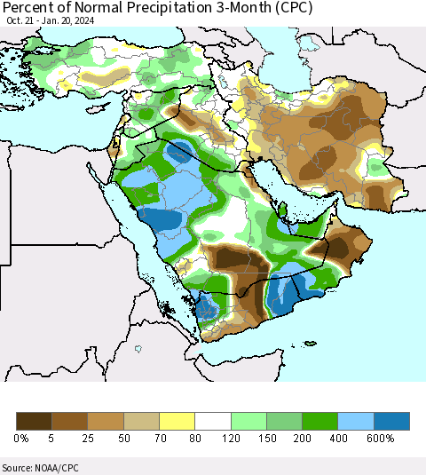 Middle East and Turkey Percent of Normal Precipitation 3-Month (CPC) Thematic Map For 10/21/2023 - 1/20/2024