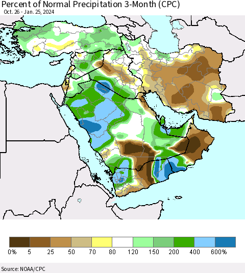 Middle East and Turkey Percent of Normal Precipitation 3-Month (CPC) Thematic Map For 10/26/2023 - 1/25/2024