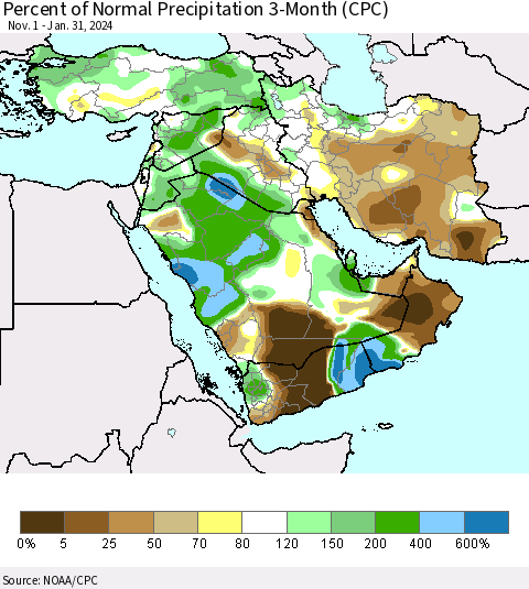 Middle East and Turkey Percent of Normal Precipitation 3-Month (CPC) Thematic Map For 11/1/2023 - 1/31/2024