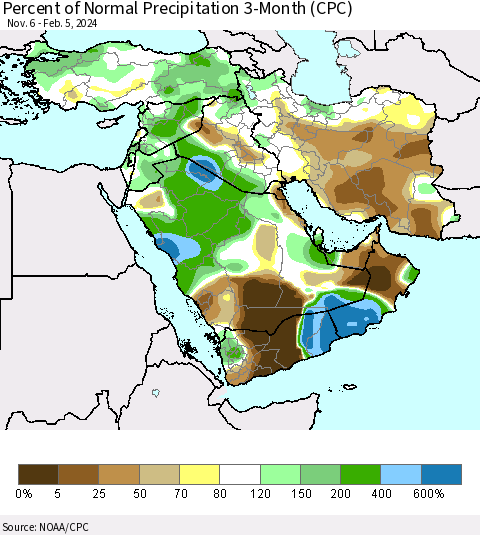 Middle East and Turkey Percent of Normal Precipitation 3-Month (CPC) Thematic Map For 11/6/2023 - 2/5/2024