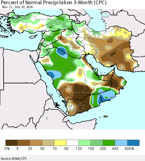 Middle East and Turkey Percent of Normal Precipitation 3-Month (CPC) Thematic Map For 11/11/2023 - 2/10/2024