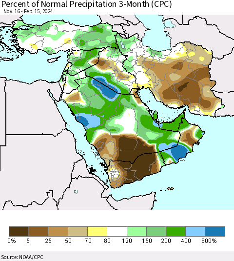 Middle East and Turkey Percent of Normal Precipitation 3-Month (CPC) Thematic Map For 11/16/2023 - 2/15/2024