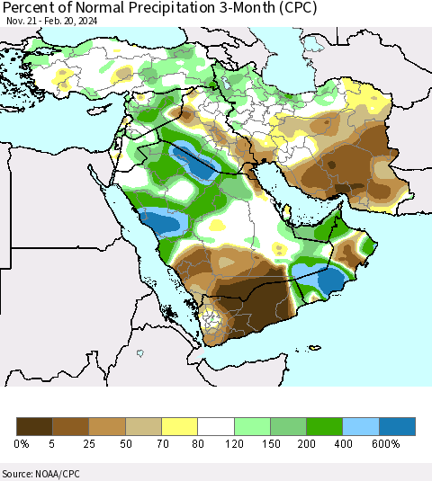 Middle East and Turkey Percent of Normal Precipitation 3-Month (CPC) Thematic Map For 11/21/2023 - 2/20/2024