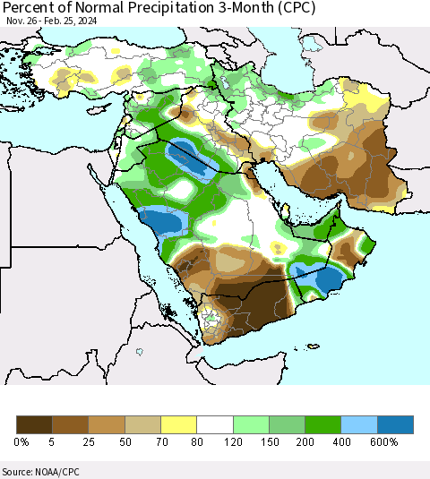 Middle East and Turkey Percent of Normal Precipitation 3-Month (CPC) Thematic Map For 11/26/2023 - 2/25/2024
