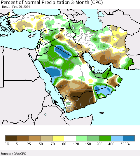 Middle East and Turkey Percent of Normal Precipitation 3-Month (CPC) Thematic Map For 12/1/2023 - 2/29/2024