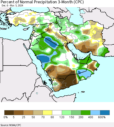 Middle East and Turkey Percent of Normal Precipitation 3-Month (CPC) Thematic Map For 12/6/2023 - 3/5/2024