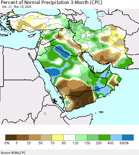 Middle East and Turkey Percent of Normal Precipitation 3-Month (CPC) Thematic Map For 12/11/2023 - 3/10/2024