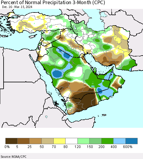 Middle East and Turkey Percent of Normal Precipitation 3-Month (CPC) Thematic Map For 12/16/2023 - 3/15/2024